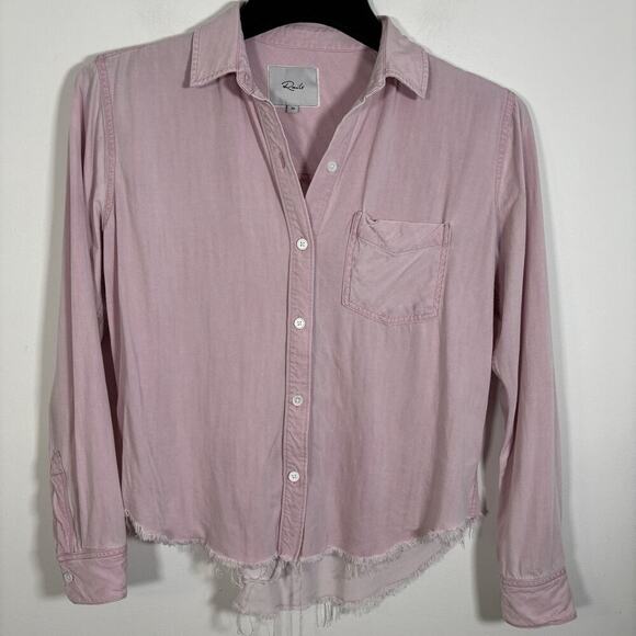 Rails Ingrid Raw Hem Button Down Shirt Pink Blush Acid Wash XS Long Sleeve Rayon - Picture 8 of 8